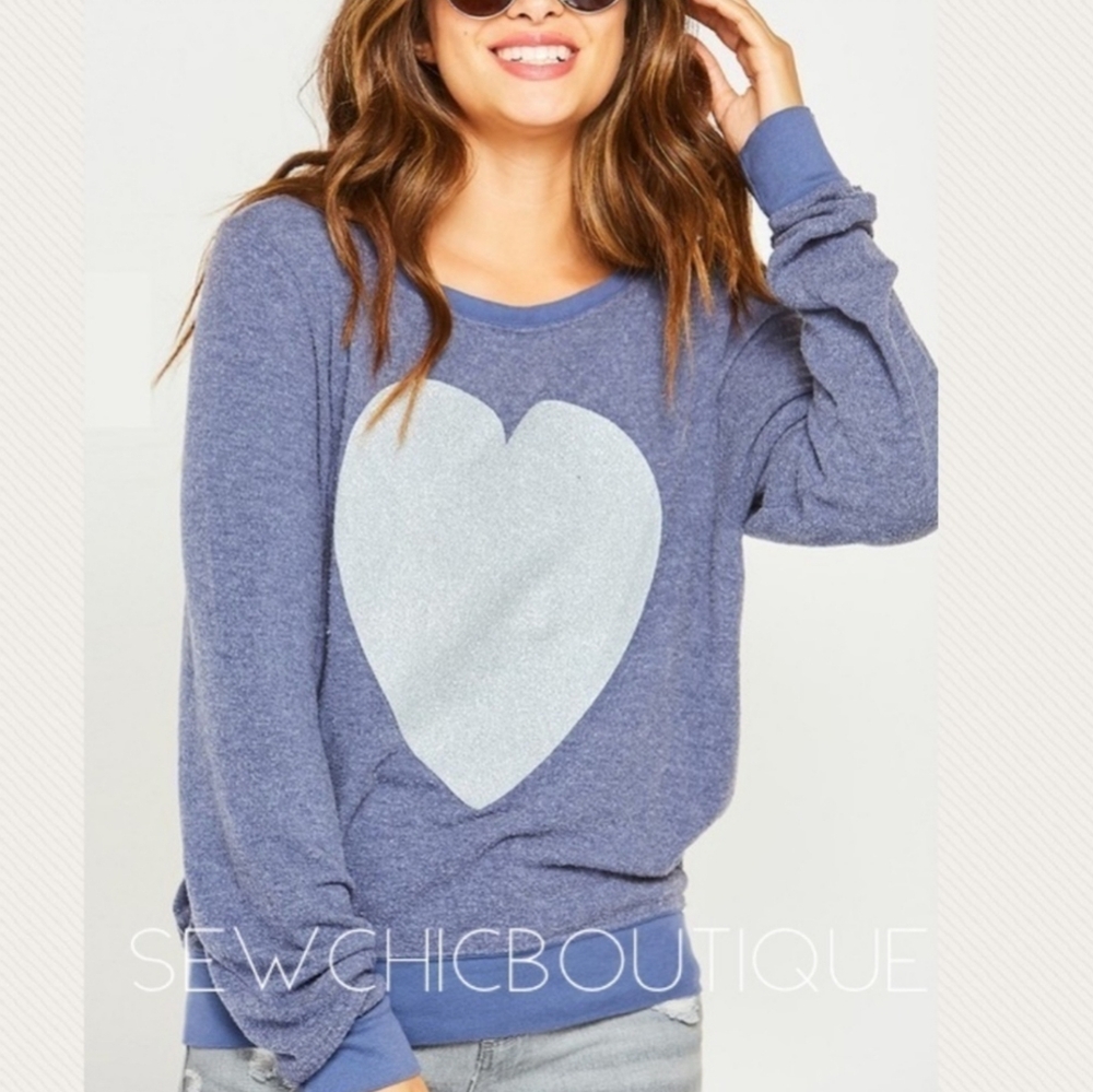 Dusty blue soft long sleeve with glitter heart